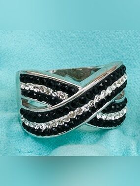 Seta Jewelry Sterling Silver Crossover Wave Ring Black & Clear CZ Pavé Band